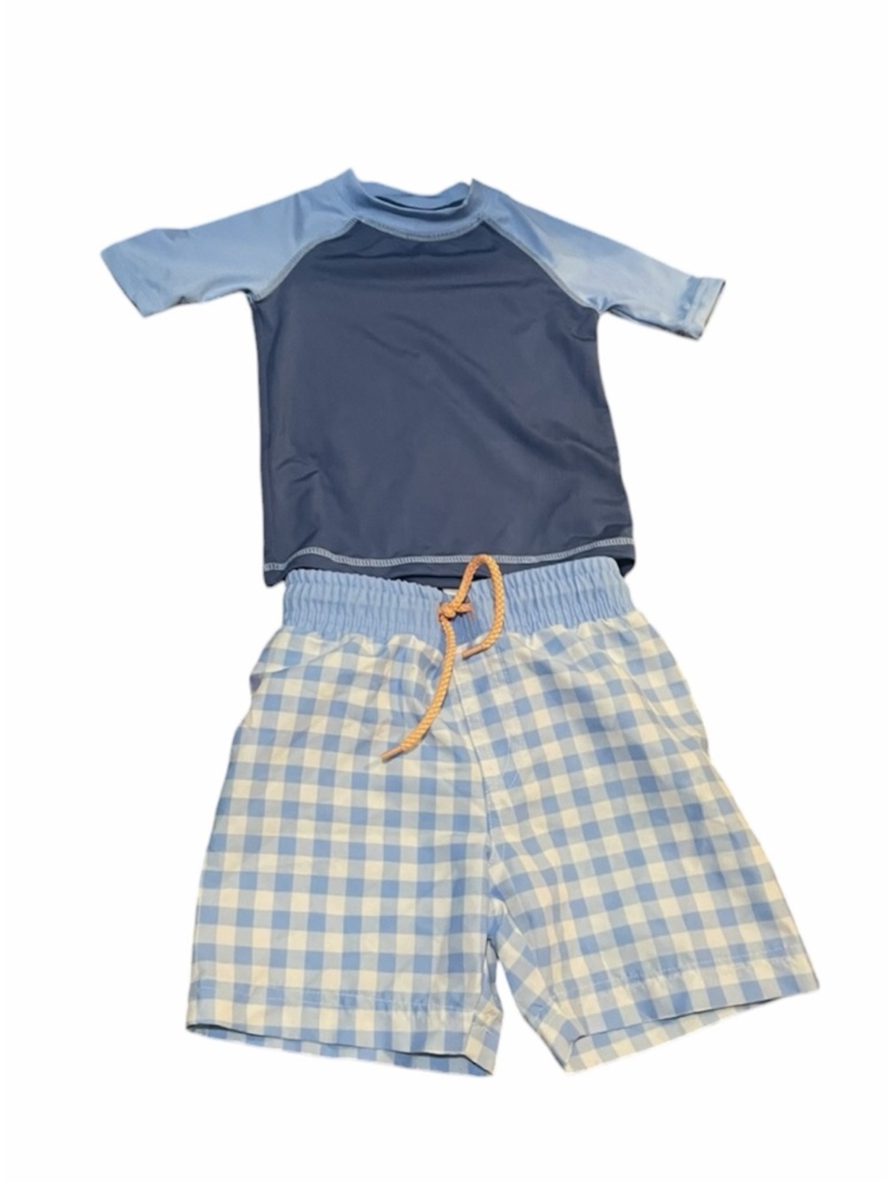 Tommy Bahama Boys Navy & Light Blue Rash Guard with Gingham Swim Trunks